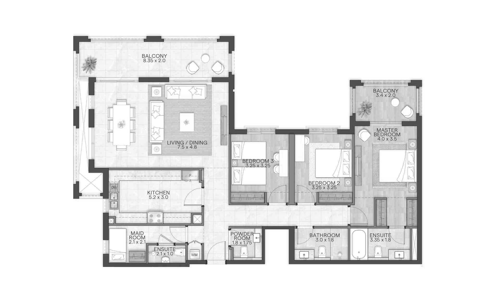 Apartment floor plan, 3 bedrooms in BLOOM LIVING GRANADA No. 11008