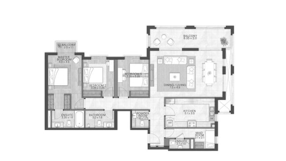 Apartment floor plan, 3 bedrooms in BLOOM LIVING GRANADA No. 11009 (2D)