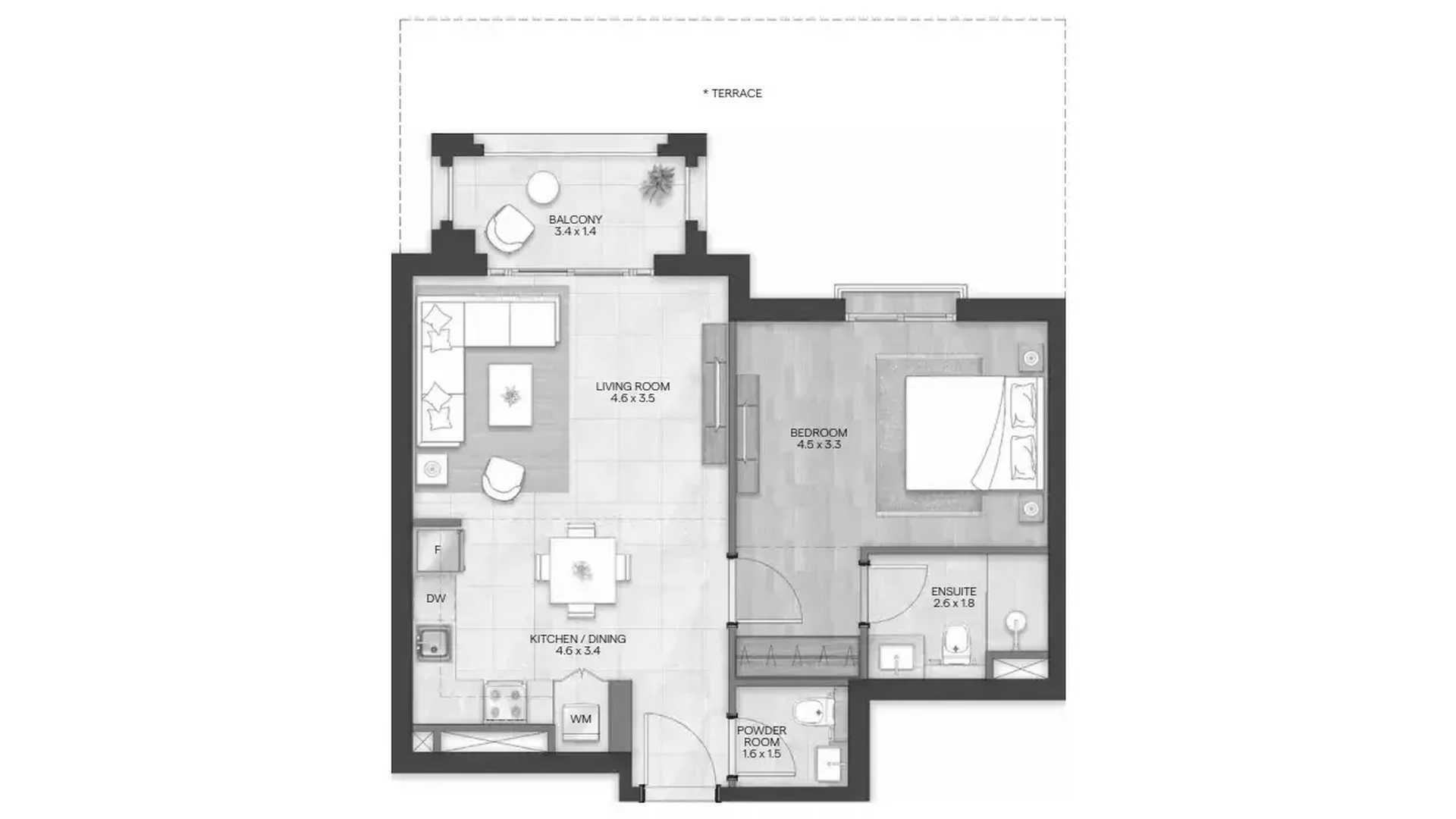 Apartment floor plan, 1 bedroom in BLOOM LIVING GRANADA No. 11030