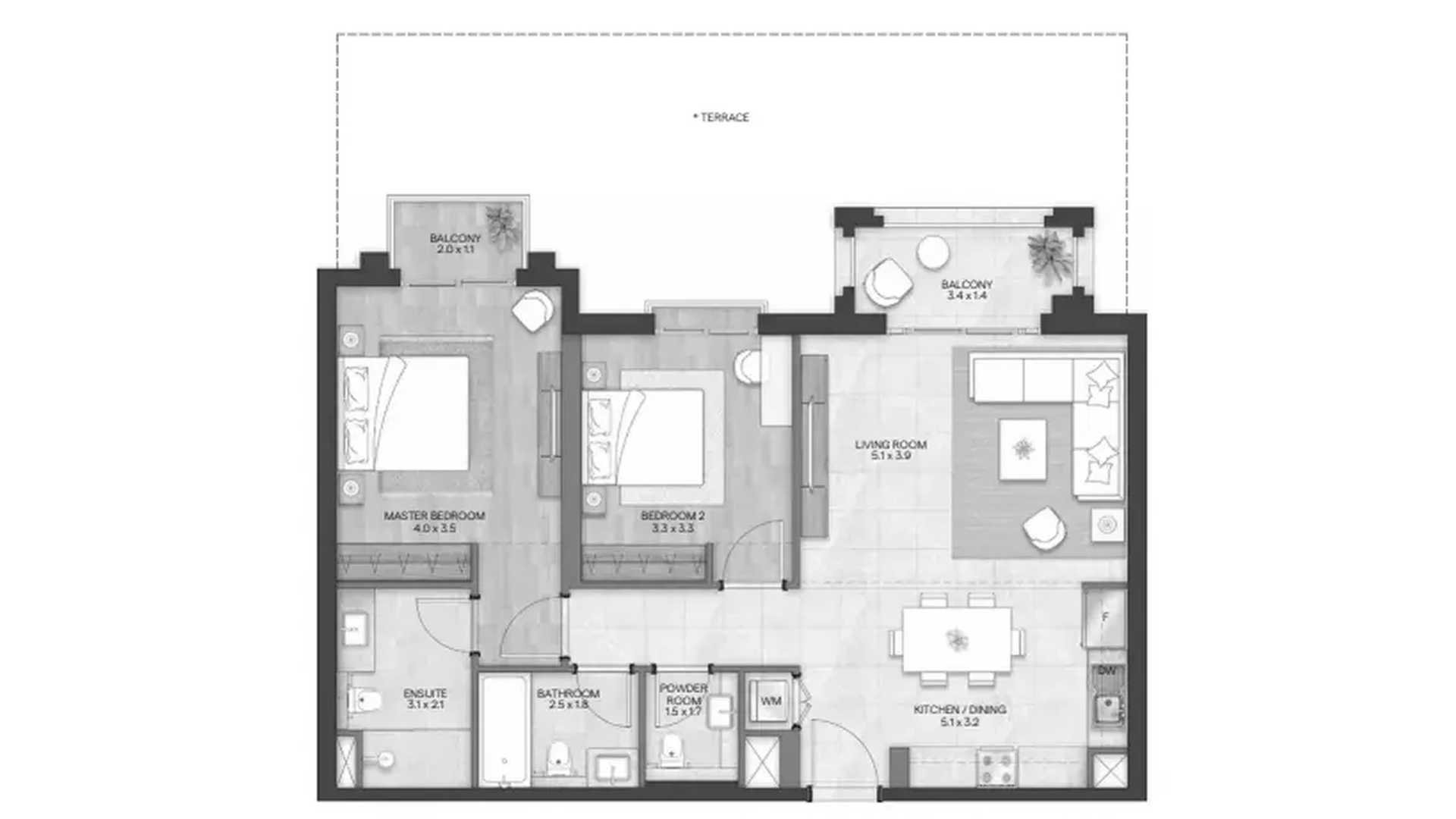 Apartment floor plan, 2 bedrooms in BLOOM LIVING GRANADA No. 11032