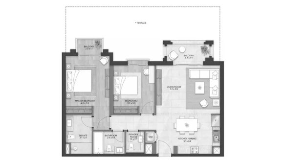 Apartment floor plan, 2 bedrooms in BLOOM LIVING GRANADA No. 11032 (2D)