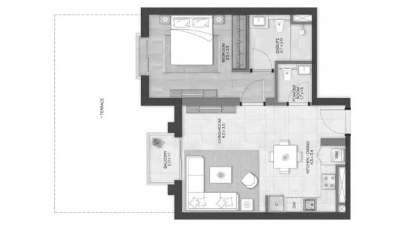 Apartment floor plan, 1 bedroom in BLOOM LIVING GRANADA No. 11031 (2D)